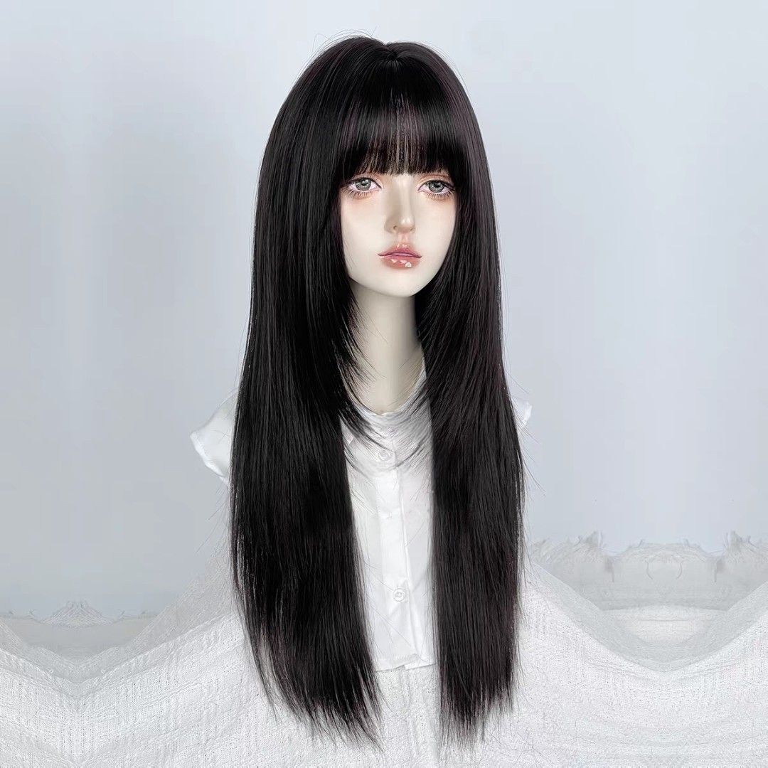 INSTOCK ★BROWN-BLACK★ Korean Layered Straight Airy Bangs Long Hair Wig [Adjustable/Breathable]