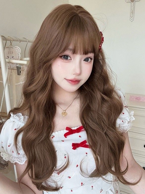 INSTOCK ★Caramel Brown★ Korean Perm Curly Wavy Long Airy Bangs Wig Hair [Adjustable/Breathable]