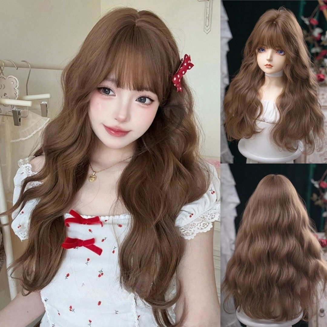 INSTOCK ★Caramel Brown★ Korean Perm Curly Wavy Long Airy Bangs Wig Hair [Adjustable/Breathable]