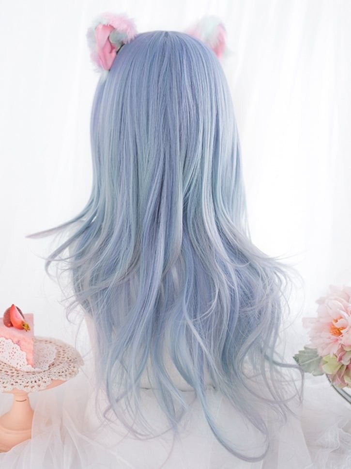 INSTOCK ★LIGHT BLUE GRADIENT★ Korean Wavy Airy Bangs Mid Length Hair Wig Cosplay [Adjustable/Breathable]