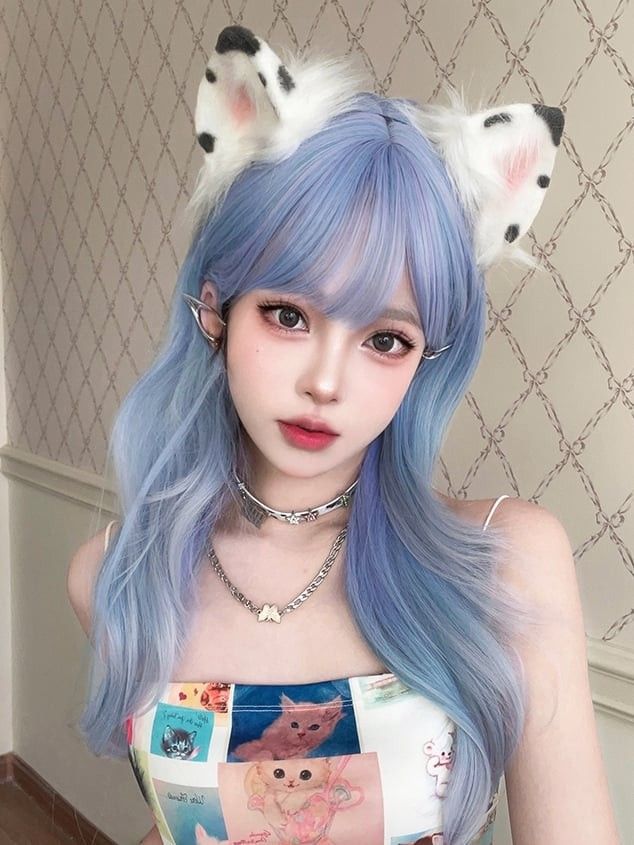 INSTOCK ★LIGHT BLUE GRADIENT★ Korean Wavy Airy Bangs Mid Length Hair Wig Cosplay [Adjustable/Breathable]