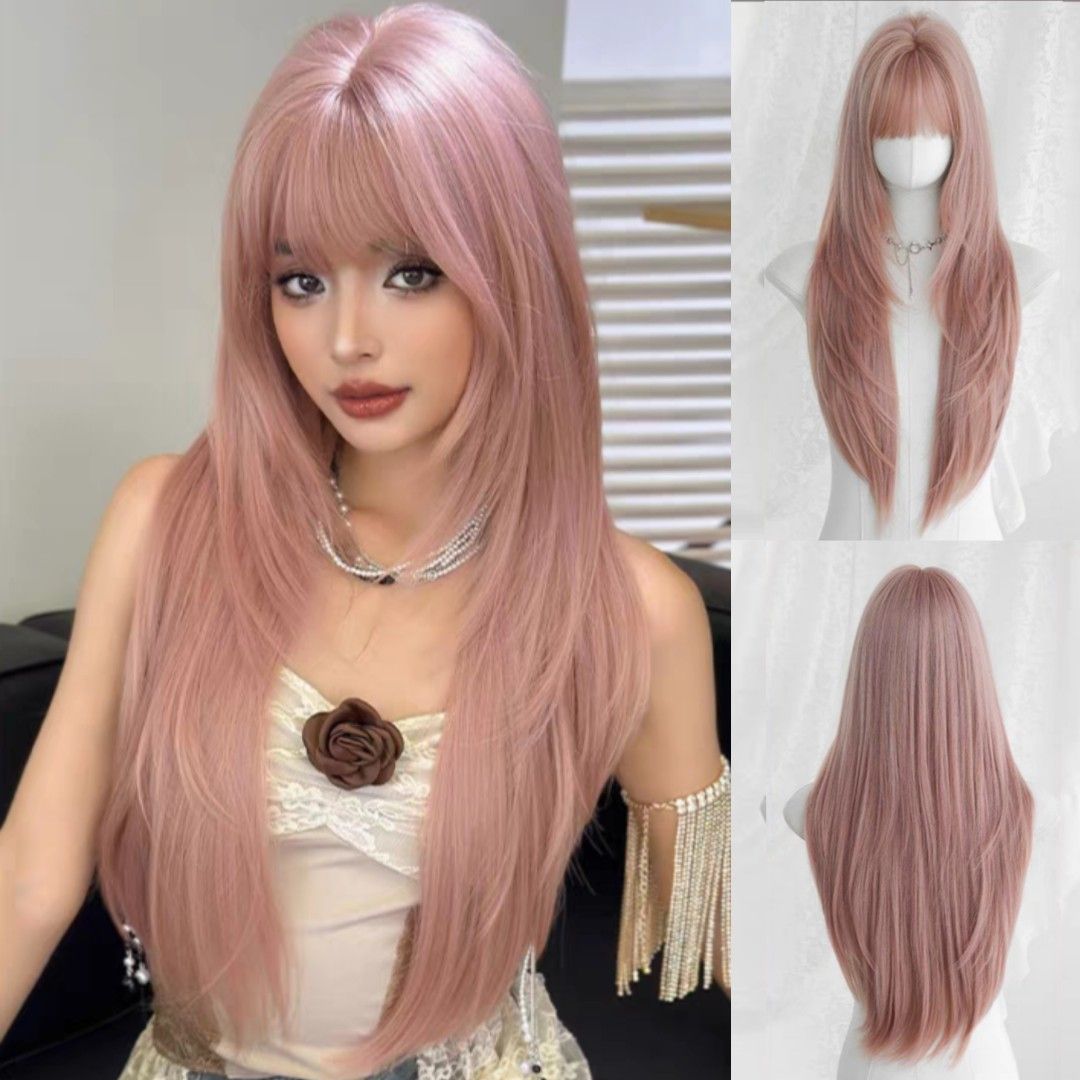 INSTOCK ★PINK★Korean Layered Straight Airy Bangs Long Hair Wig [Adjustable/Breathable]
