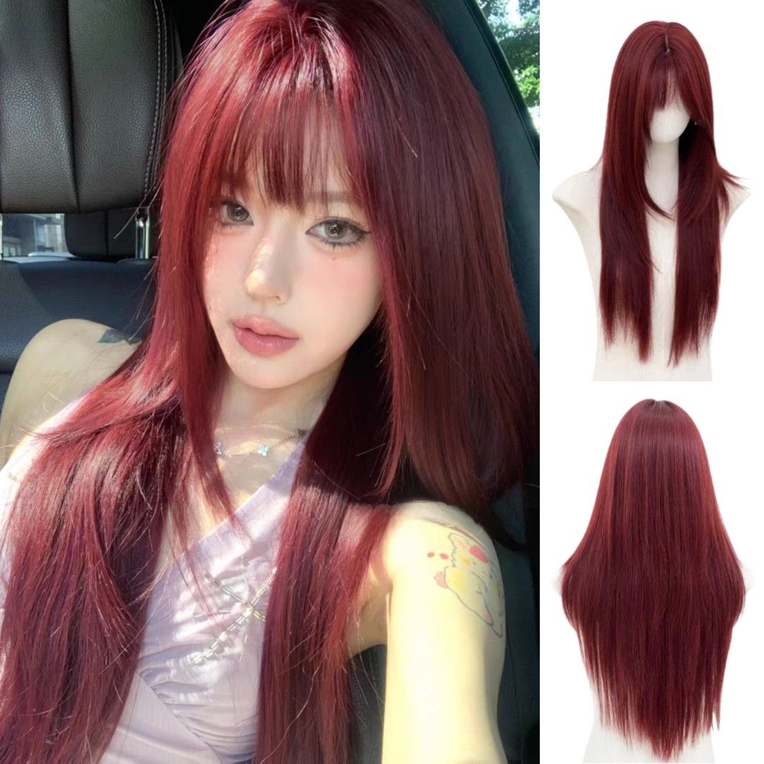 INSTOCK ★RED★ Korean Layered Straight Airy Bangs Long Hair Wig Cosplay [Adjustable/Breathable]