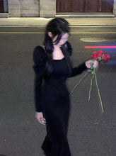 Load image into Gallery viewer, INSTOCK Korean Black U-Neck Slim Effect Dress Elegant Ruffle Long Sleeve
