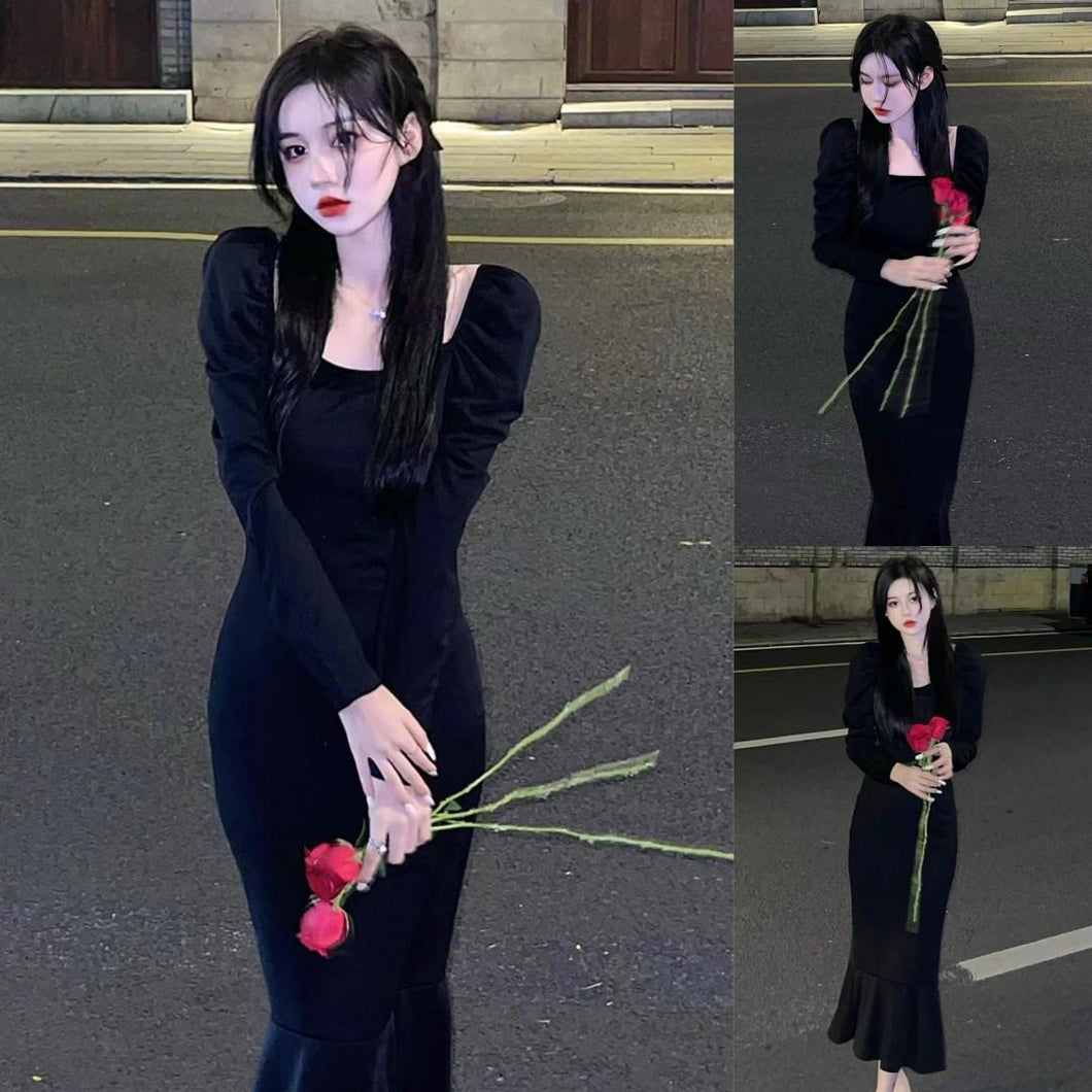 INSTOCK Korean Black U-Neck Slim Effect Dress Elegant Ruffle Long Sleeve