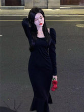 Load image into Gallery viewer, INSTOCK Korean Black U-Neck Slim Effect Dress Elegant Ruffle Long Sleeve

