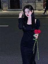Load image into Gallery viewer, INSTOCK Korean Black U-Neck Slim Effect Dress Elegant Ruffle Long Sleeve
