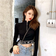 Load image into Gallery viewer, INSTOCK Korean Black Slim Crop Zipper Letters Knitted Long Sleeve Top
