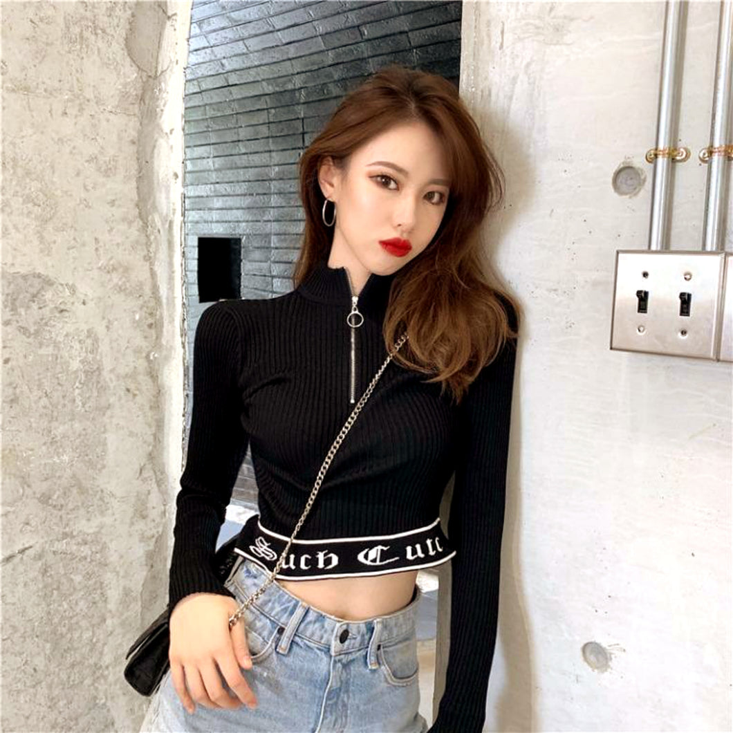 INSTOCK Korean Black Slim Crop Zipper Letters Knitted Long Sleeve Top