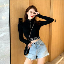 Load image into Gallery viewer, INSTOCK Korean Black Slim Crop Zipper Letters Knitted Long Sleeve Top
