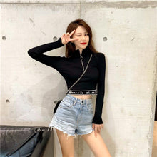 Load image into Gallery viewer, INSTOCK Korean Black Slim Crop Zipper Letters Knitted Long Sleeve Top
