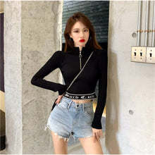 Load image into Gallery viewer, INSTOCK Korean Black Slim Crop Zipper Letters Knitted Long Sleeve Top
