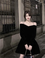 Load image into Gallery viewer, INSTOCK Korean Black Velvet Off Shoulder Slim Effect Long Sleeve Skater Dress + Free Shoulder Accessory
