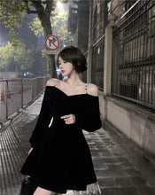 Load image into Gallery viewer, INSTOCK Korean Black Velvet Off Shoulder Slim Effect Long Sleeve Skater Dress + Free Shoulder Accessory
