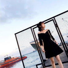 Load image into Gallery viewer, INSTOCK Korean Off Shoulder Black V-Neck Retro Flare Slim Skater Dress Elegant
