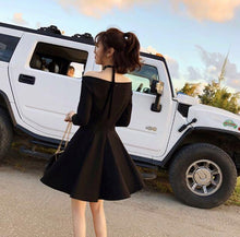 Load image into Gallery viewer, INSTOCK Korean Off Shoulder Black V-Neck Retro Flare Slim Skater Dress Elegant
