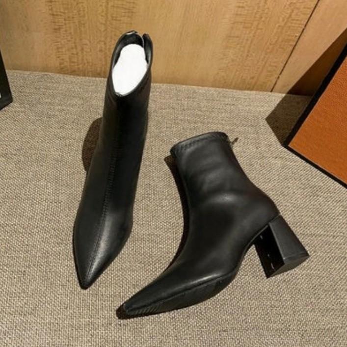 INSTOCK Korean PU Leather White/Black Ankle Length 6.5cm Boots Slimming Effect Heel