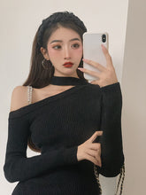 Load image into Gallery viewer, Korean Black Knitted Simple Long Sleeve One-Sided Off Shoulder Dress
