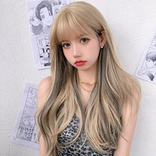 Load image into Gallery viewer, INSTOCK ★BLONDE-BLACK HIGHLIGHTS★ Korean Wavy Curly Airy Bangs Long Hair Wig [Adjustable/Breathable]
