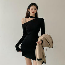 Load image into Gallery viewer, Korean Black Knitted Simple Long Sleeve One-Sided Off Shoulder Dress
