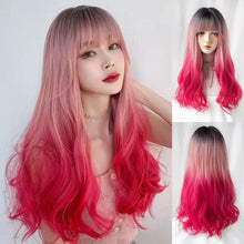 Load image into Gallery viewer, INSTOCK ★PINK GRADIENT★ Korean Ombre 3 Tone Natural Wavy Curls Airy Bangs Long Hair Wig [Adjustable/Breathable]
