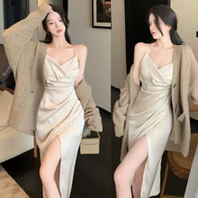 Load image into Gallery viewer, INSTOCK ★BEIGE★ S/M Korean Satin Strap Beige V-neck Long Dress
