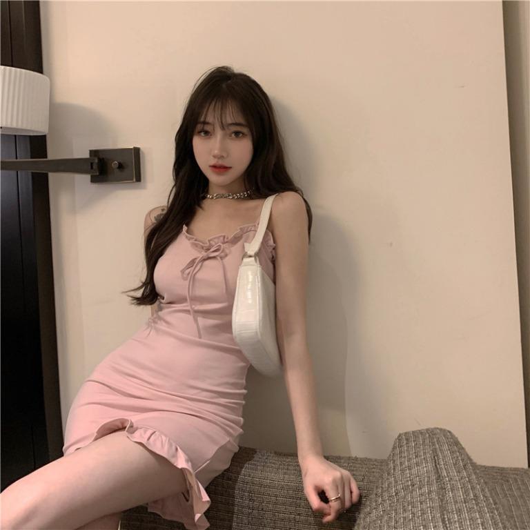 INSTOCK Korean Pink Sexy V-neck Slim Strap A-line Bodycon Dress  Loveth  Heartz