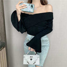 Load image into Gallery viewer, INSTOCK ★PINK★ Korean Off Shoulder Cross Knitted Trumpet Long Sleeve Slim Effect Top
