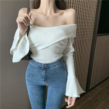 Load image into Gallery viewer, INSTOCK ★PINK★ Korean Off Shoulder Cross Knitted Trumpet Long Sleeve Slim Effect Top
