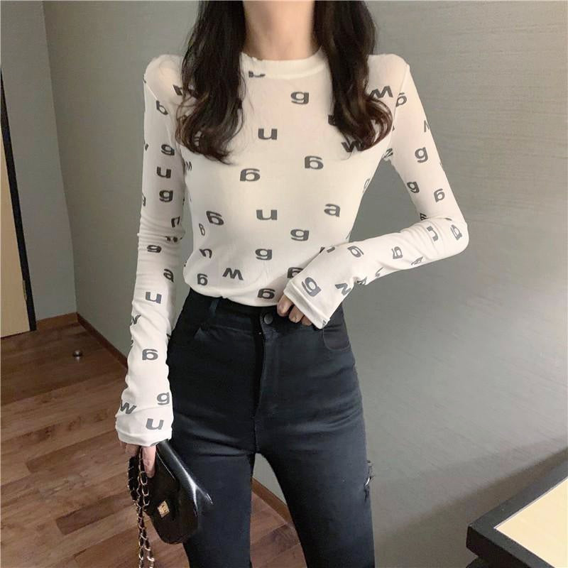 INSTOCK Korean Harajuku Black/White Long Sleeve Alphabet Slim Top Shirt