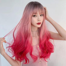 Load image into Gallery viewer, INSTOCK ★PINK GRADIENT★ Korean Ombre 3 Tone Natural Wavy Curls Airy Bangs Long Hair Wig [Adjustable/Breathable]

